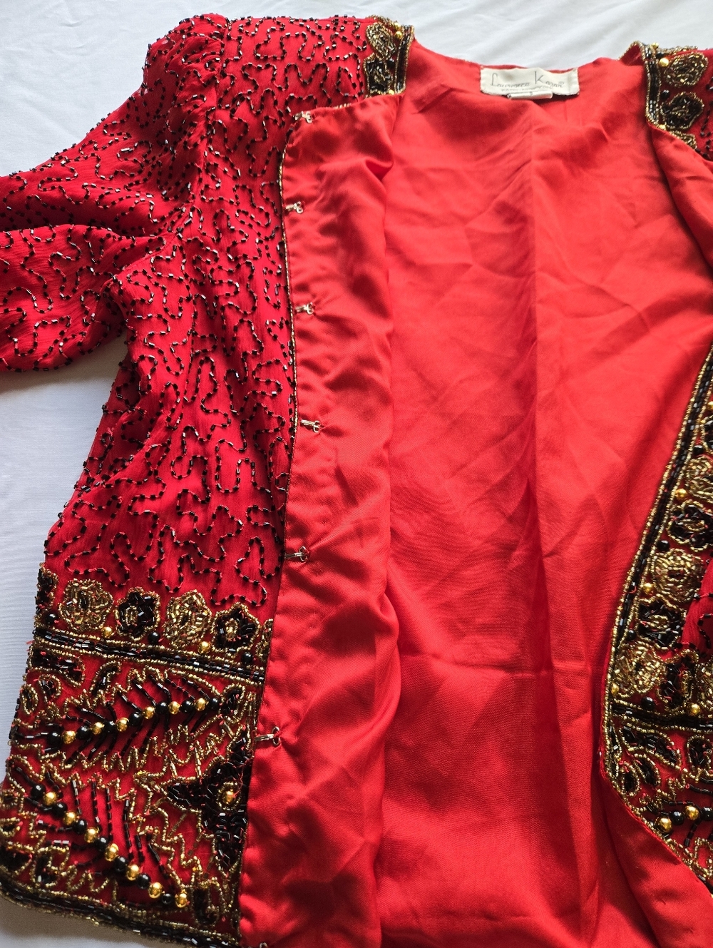 Laurence Kazar Vintage Silk Sequin Beaded Bolero Jacket Red Gold Holiday - Picture 7 of 12